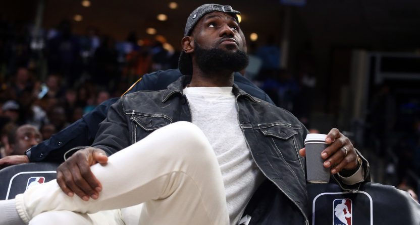 Feb 28, 2023; Memphis, Tennessee, USA; Los Angeles Lakers forward LeBron James (6) sits on the bench during a timeout during the second half against the Memphis Grizzlies at FedExForum. Mandatory Credit: Petre Thomas-USA TODAY Sports