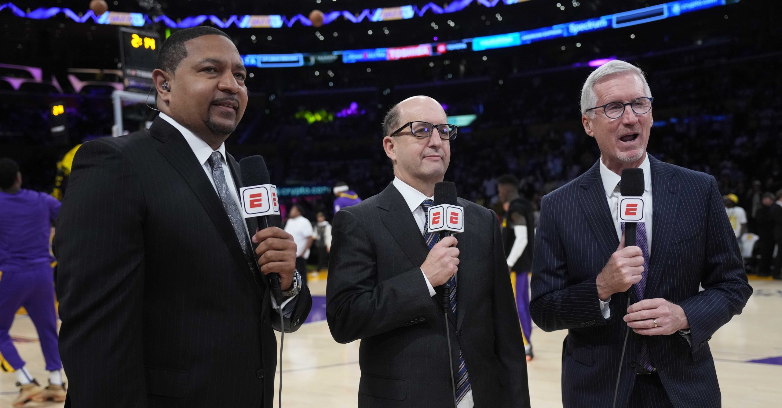 ESPN analyst Mark Jackson (left), commentator Jeff Van Gundy (center) and play-by-play announcer Mike Breen.