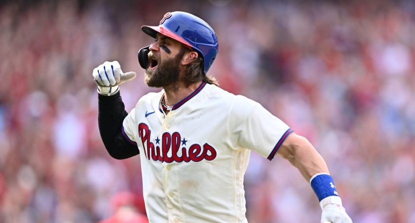 Philadelphia Phillies first baseman Bryce Harper (3) reacts after hitting a two-run home run against the Los Angeles Angels in the eighth inning at Citizens Bank Park.