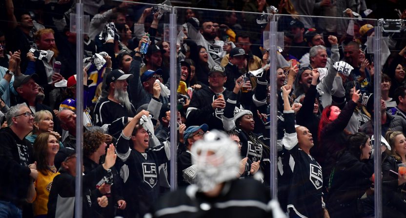 Los Angeles Kings fans cheer during an April 29, 2023 game.