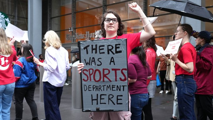 A New York Times Guild protest of the shuttering of the NYT Sports desk.