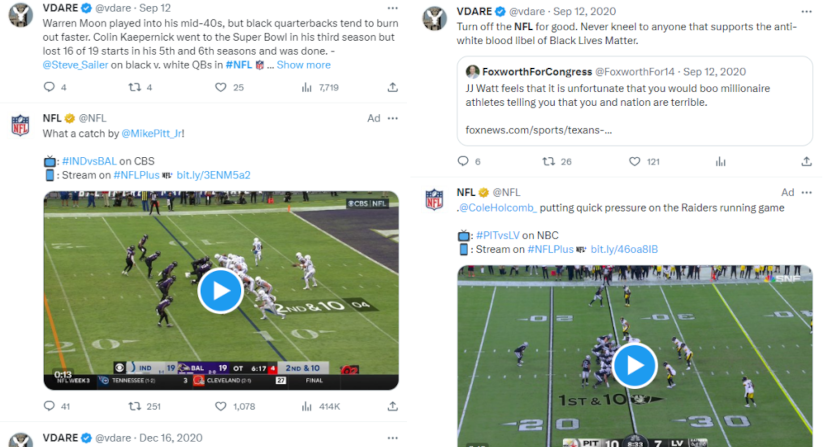 VDare tweets with NFL ads.