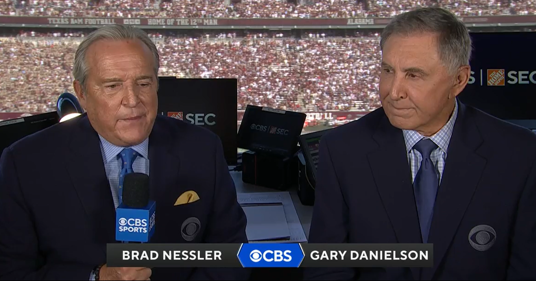 Viewers of Saturday's Alabama vs Texas A&M game might have missed a safety call, thanks to CBS' Gary Danielson talking over the referee. Photo Credit: CBS