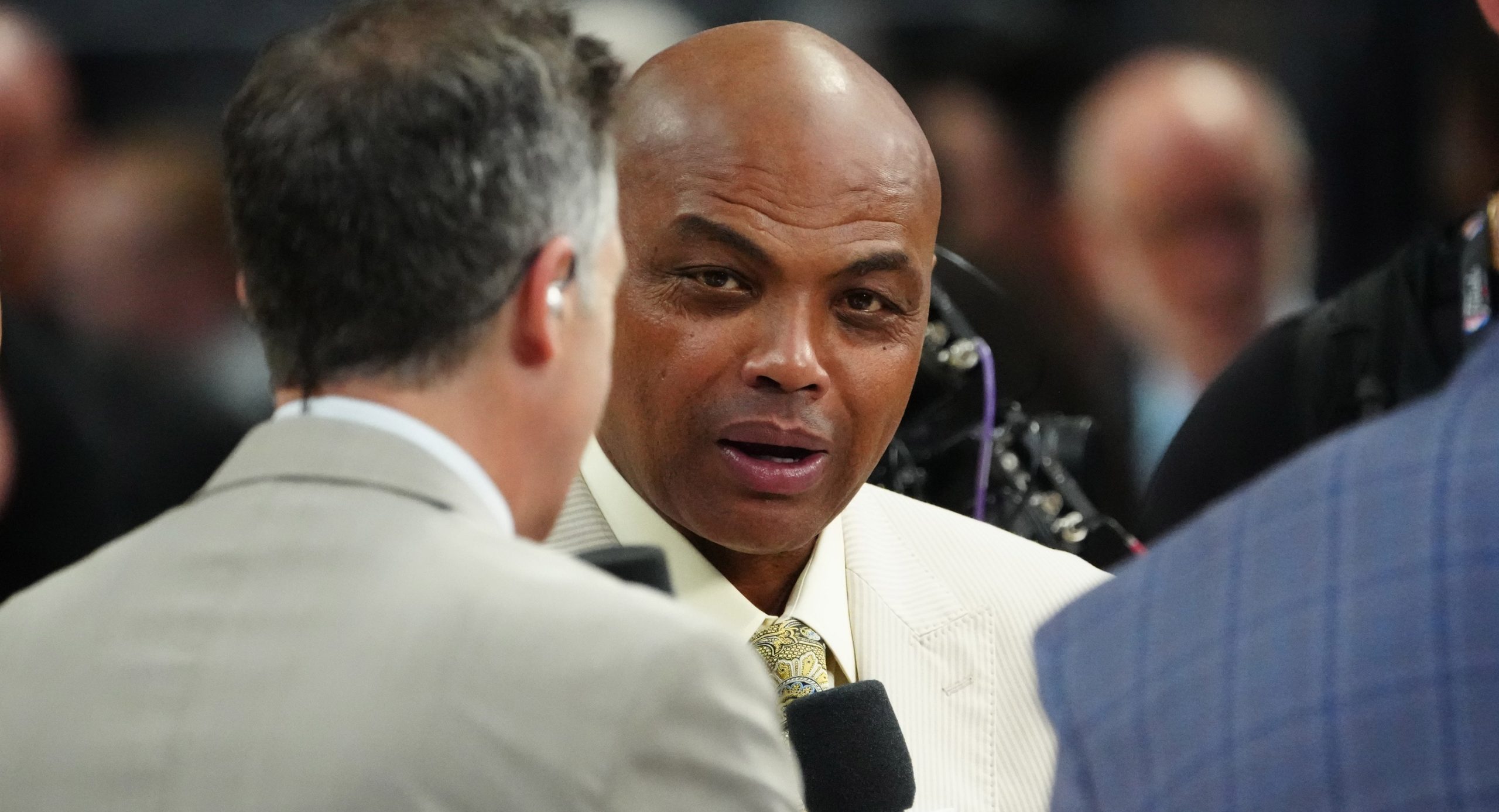 Jun 4, 2023; Denver, CO, USA; TNT sports analyst Charles Barkley speaks before game two between the Miami Heat and the Denver Nuggets in the 2023 NBA Finals at Ball Arena. Mandatory Credit: Ron Chenoy-USA TODAY Sports