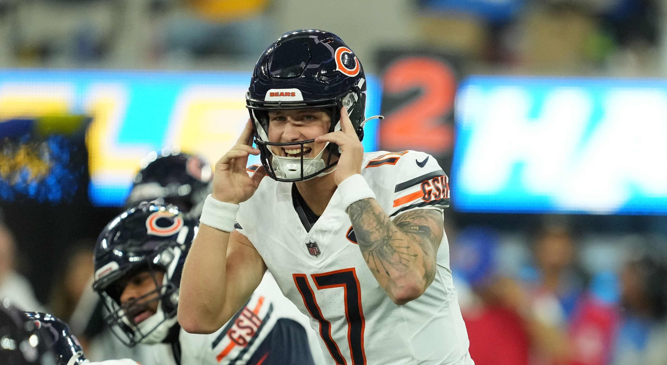 Oct 29, 2023; Inglewood, California, USA; Chicago Bears quarterback Tyson Bagent (17) gestures against the Los Angeles Chargers in the first half at SoFi Stadium.
