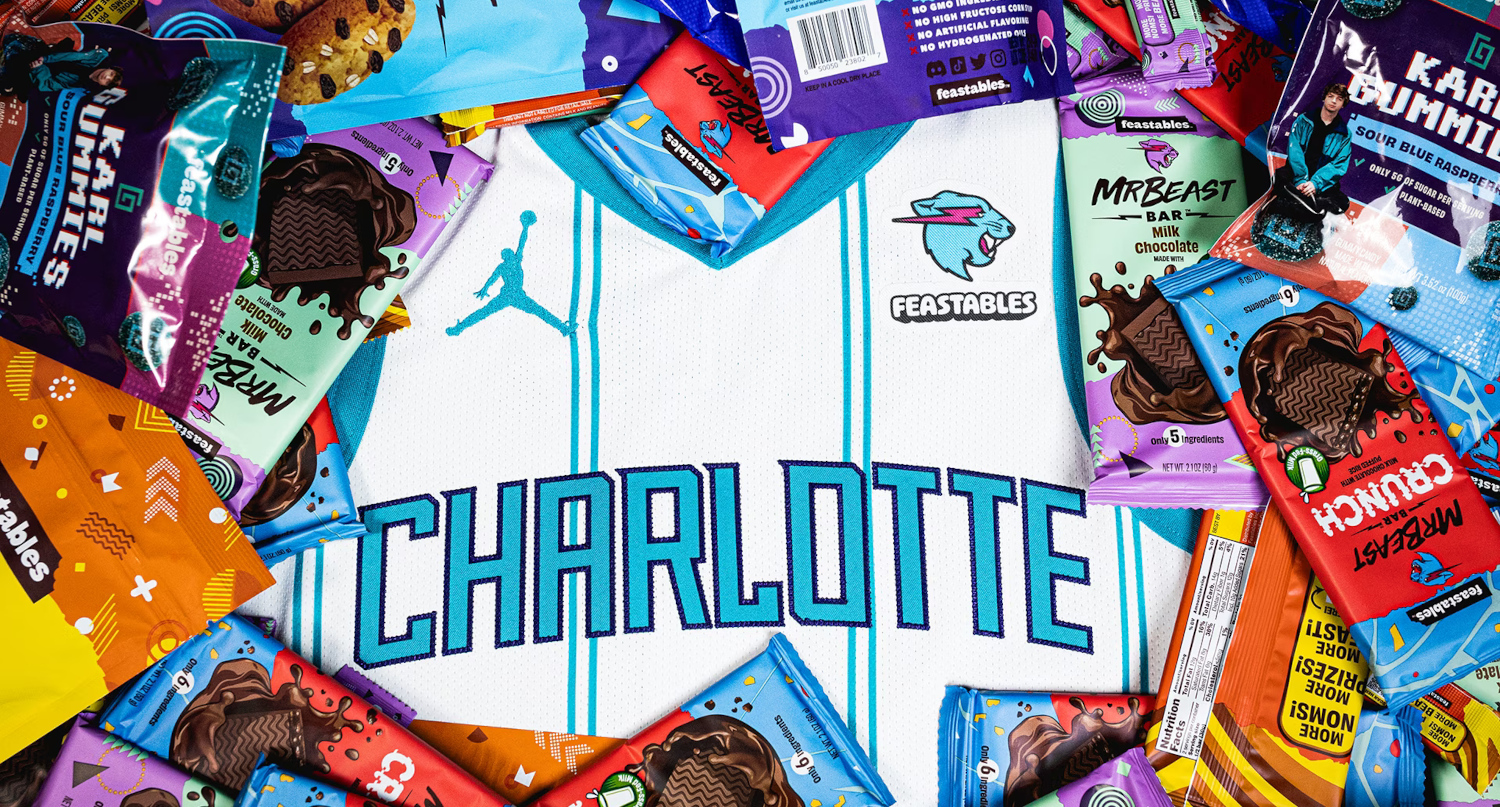 A graphic for the Hornets' partnership with MrBeast's "Feastables."