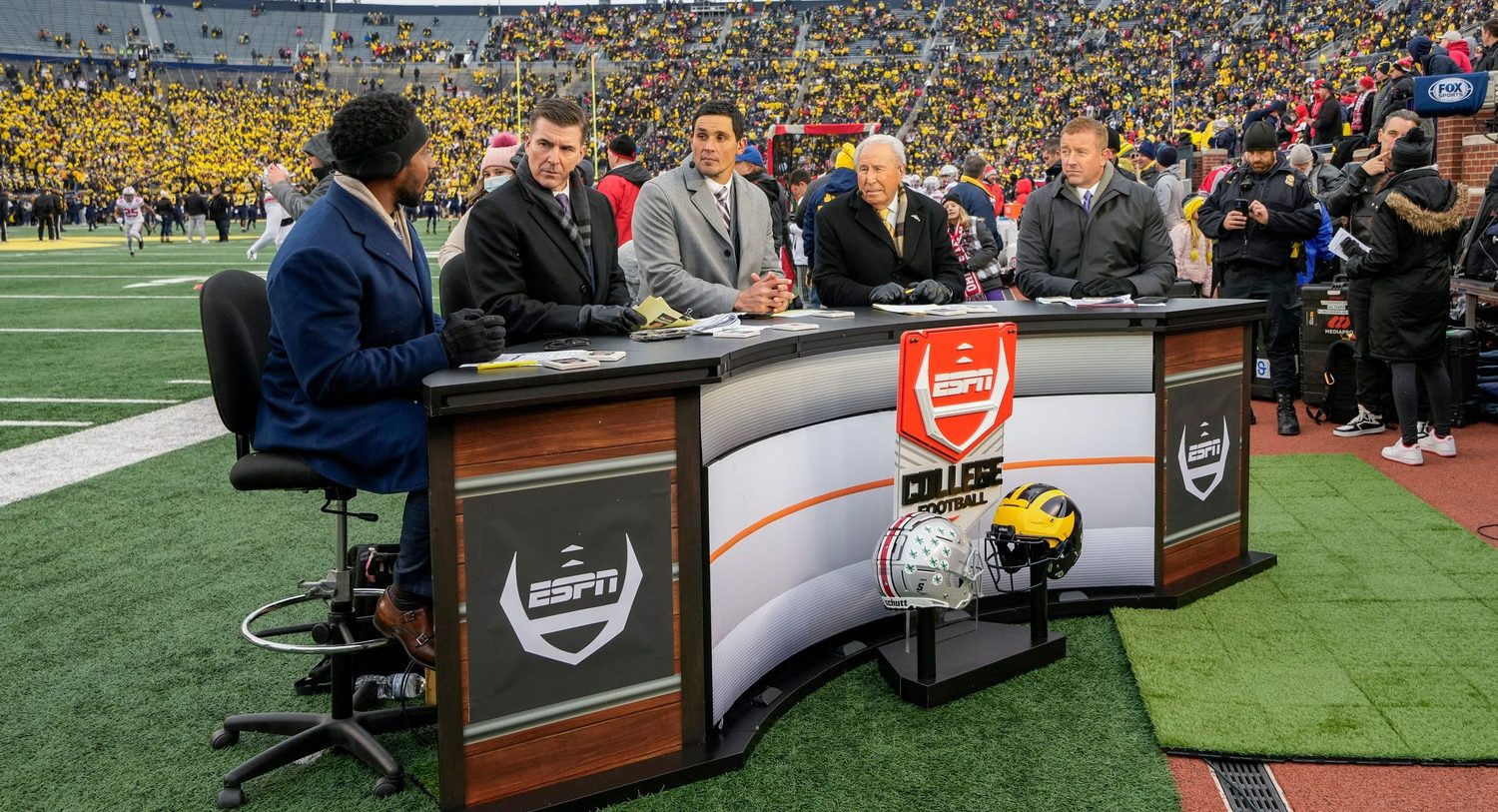 ESPN College GameDay broadcasts from the field prior to the NCAA football game between the Michigan Wolverines and the Ohio State Buckeyes at Michigan Stadium in Ann Arbor on Monday, Nov. 29, 2021.