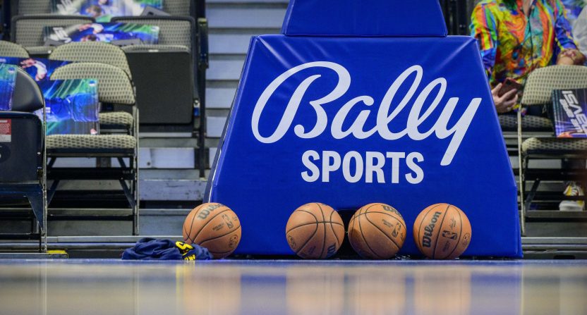 A view of the BallyÕs Sports logo and basketball bastion and Wilson game balls