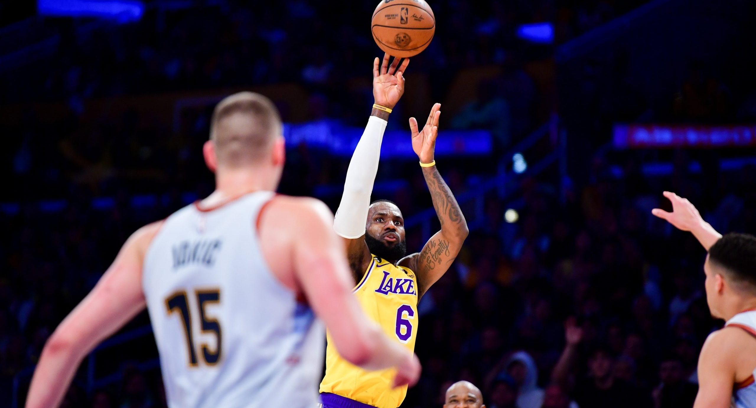 May 22, 2023; Los Angeles, California, USA; Los Angeles Lakers forward LeBron James (6) shoots the ball against the Denver Nuggets during the third quarter in game four of the Western Conference Finals for the 2023 NBA playoffs at Crypto.com Arena. Mandatory Credit: Gary A. Vasquez-USA TODAY Sports
