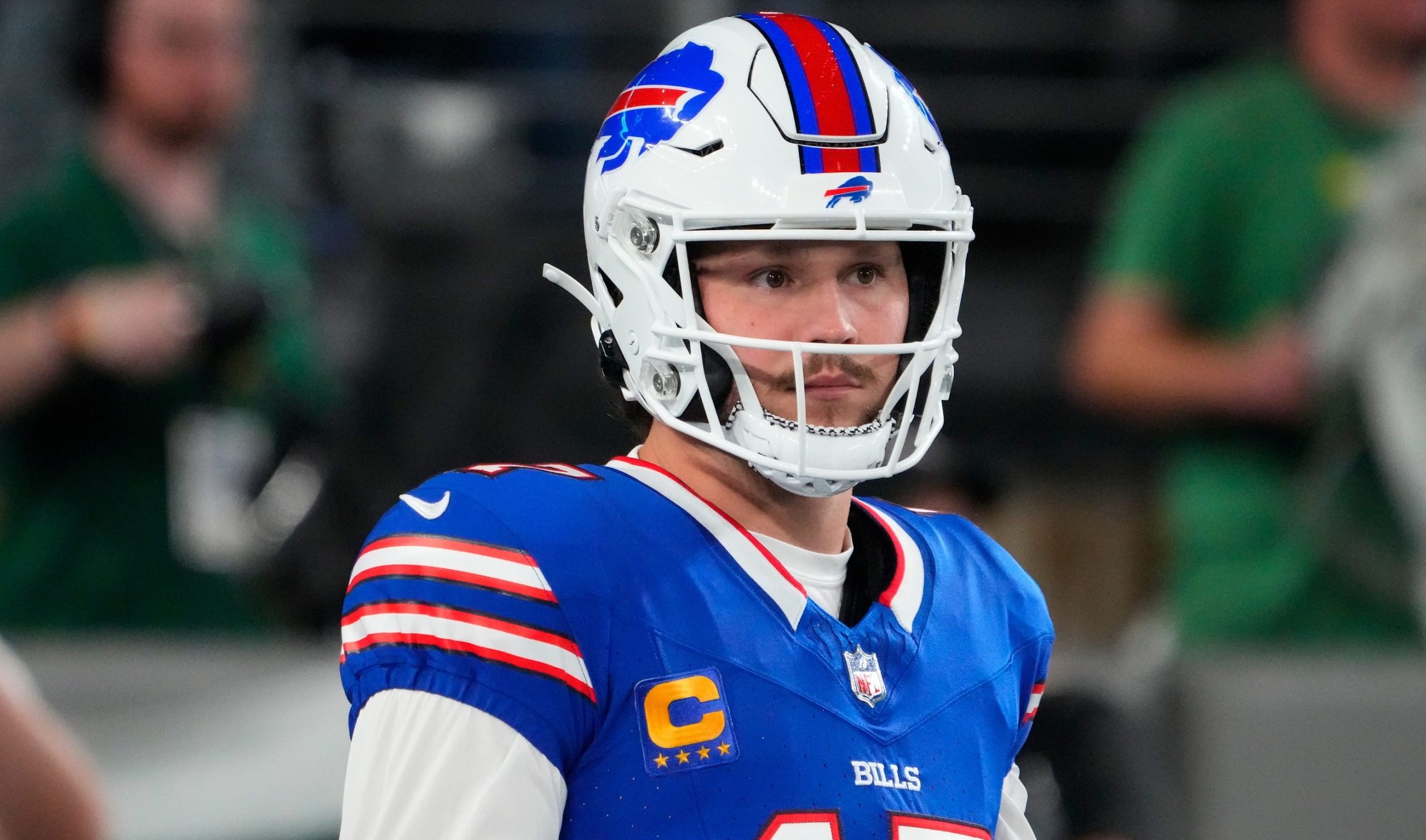 Sep 11, 2023; East Rutherford, New Jersey, USA; Buffalo Bills quarterback Josh Allen (17) looks on before the game against the New York Jets at MetLife Stadium. Mandatory Credit: Robert Deutsch-USA TODAY Sports