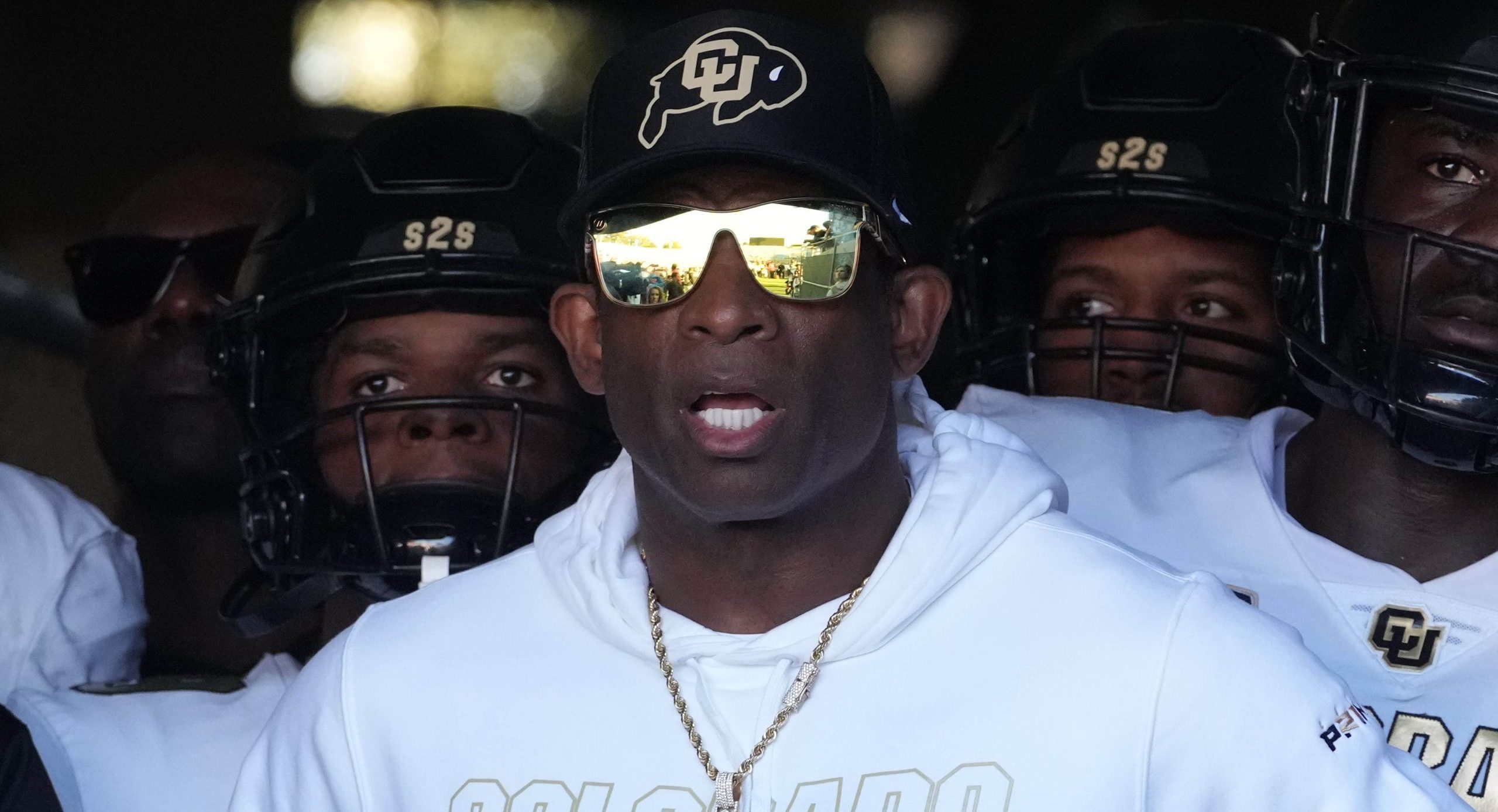 Oct 28, 2023; Pasadena, California, USA; Colorado Buffaloes head coach Deion Sanders enters the field before the game against the UCLA Bruins at Rose Bowl. UCLA defeated Colorado 28-16. Mandatory Credit: Kirby Lee-USA TODAY Sports