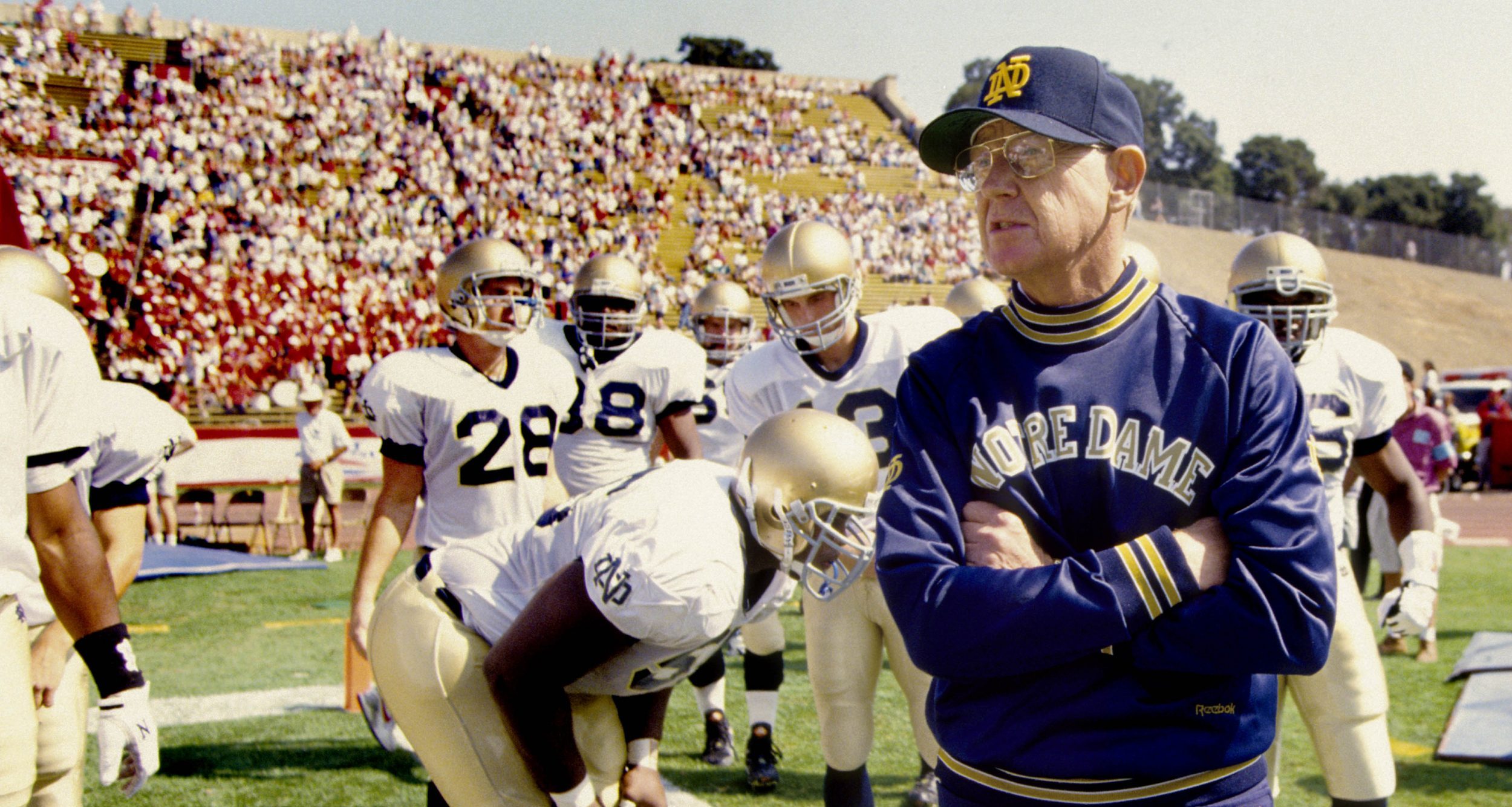 Oct 2, 1993; Stanford, CAL, USA; FILE PHOTO; Notre Dame Fighting Irish head coach Lou Holtz on the field prior to the game against Stanford Cardinal at Foster Field at Stanford Stadium.
