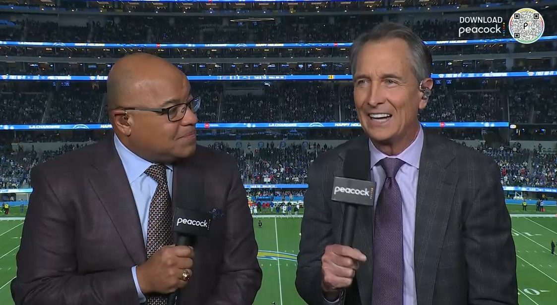 Cris Collinsworth hilariously claimed during Saturday's Bills vs. Chargers game that backup QBs are fat because they don't do anything. Photo Credit: Peacock/NBC