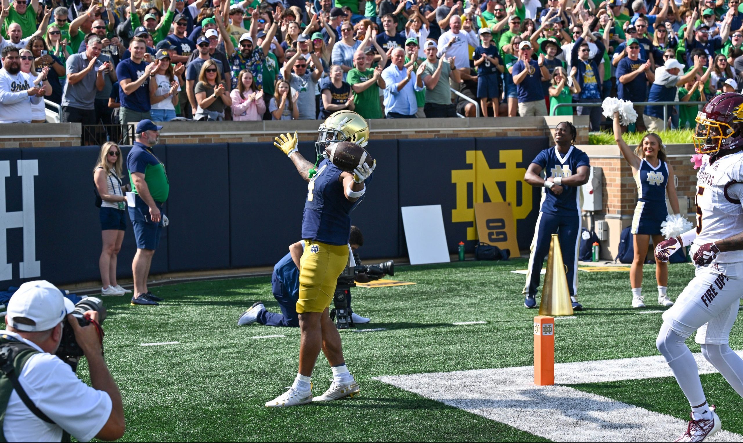 Sep 16, 2023; South Bend, Indiana, USA; Notre Dame Fighting Irish wide receiver Chris Tyree (4) celebrates after a second quarter touchdown against the Central Michigan Chippewas at Notre Dame Stadium.