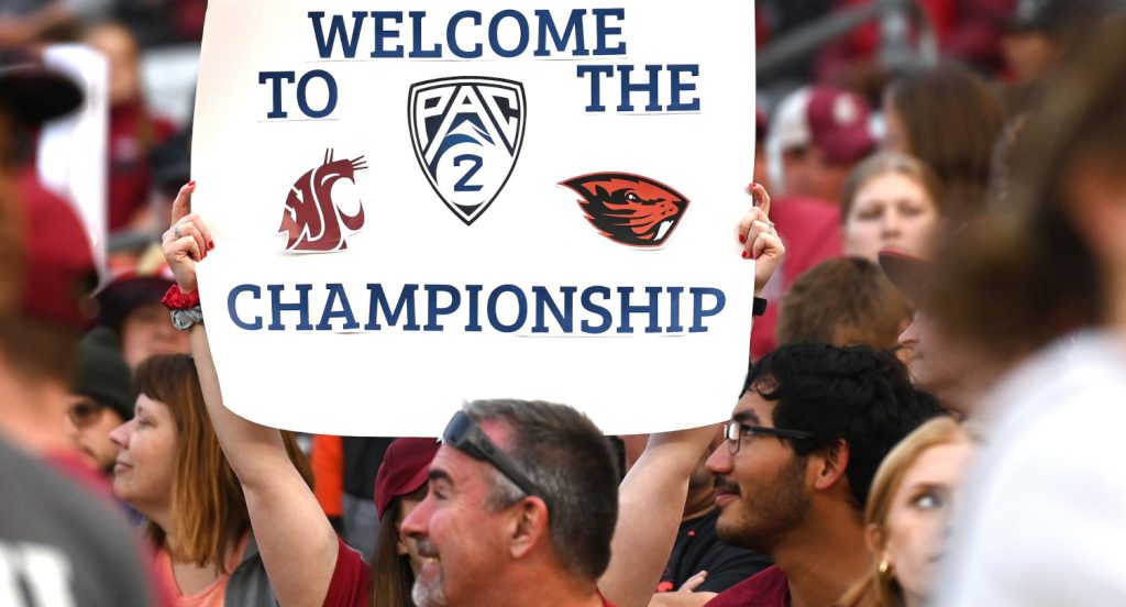 A "Pac-2 Championship" sign from the Oregon State-Washington State game in September 2023.