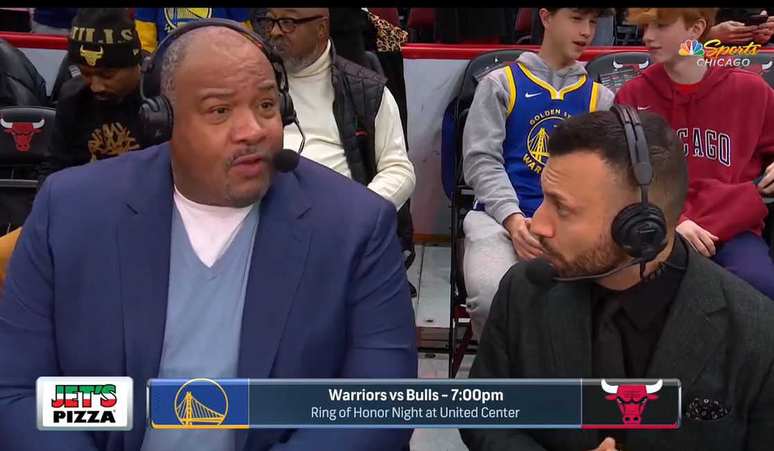 NBC Sports Chicago announcers Adam Amin and especially Stacey King blasted Bulls fans for booing the late Jerry Krause on Friday. Photo Credit: NBC Sports Chicago