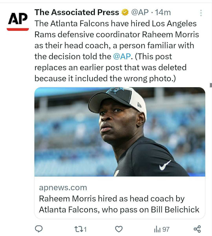 An Associated Press attempt to apologize for a Raheem Morris tweet with the wrong photo, later deleted.