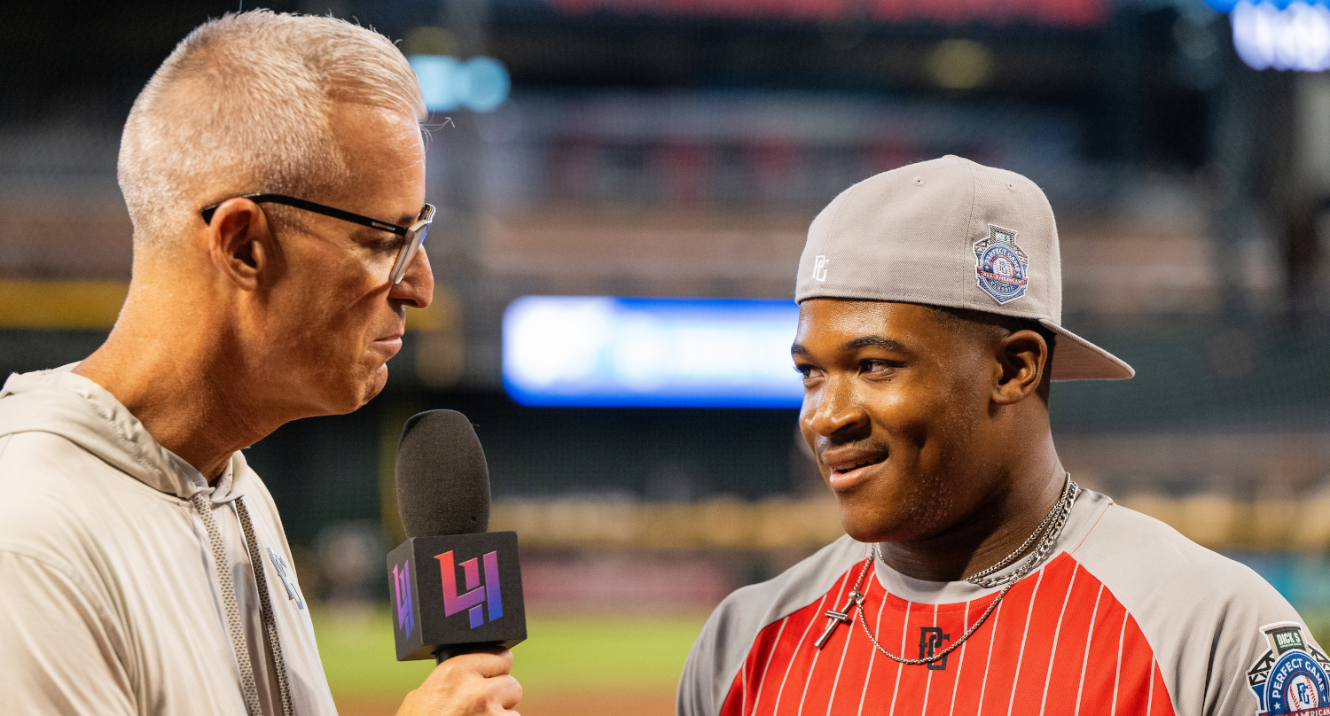 Perfect Game USA broadcaster Daron Sutton interviews Samuel Richardson during their 2023 home run challenge.