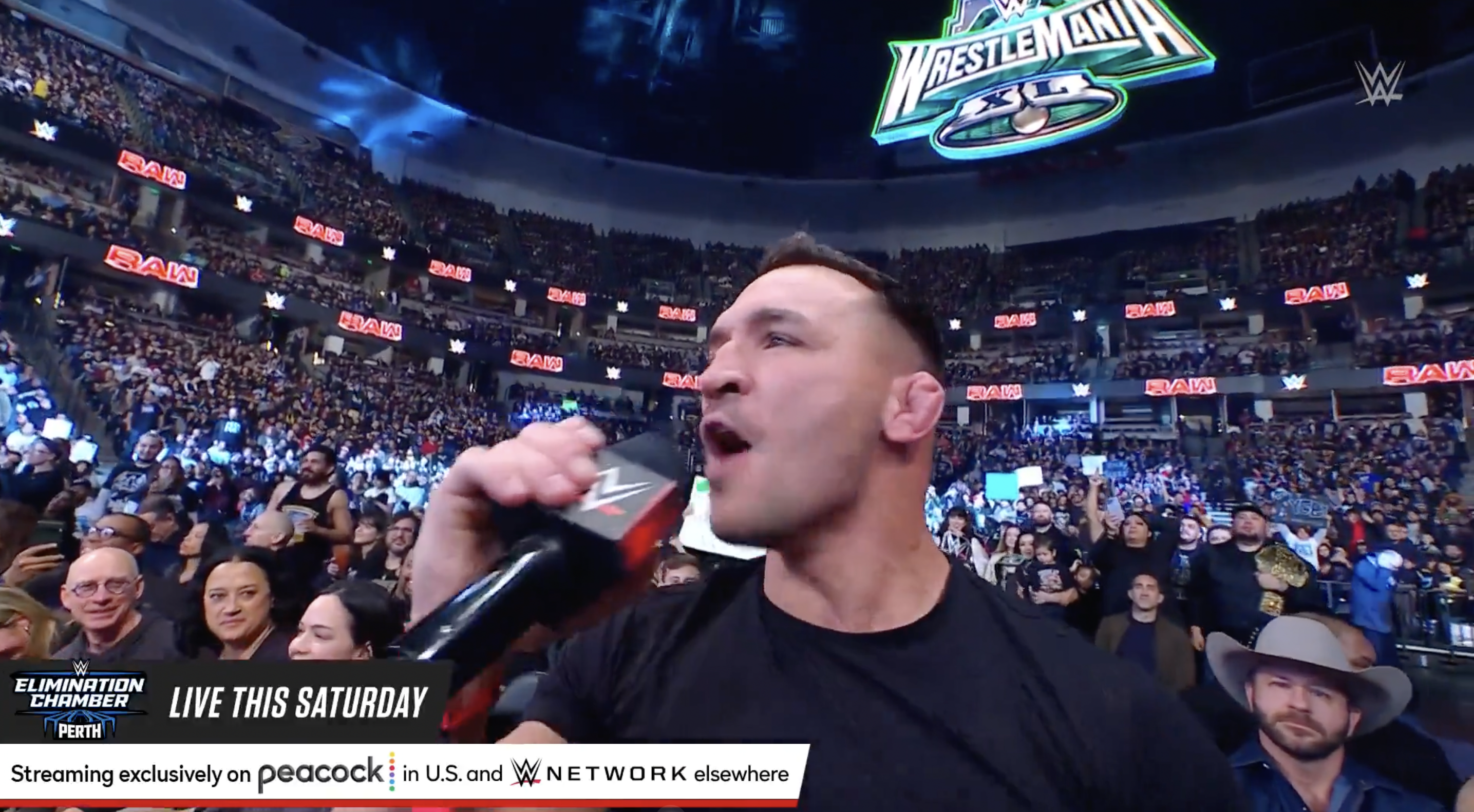 UFC star Michael Chandler delivering a promo on 'WWE Monday Night Raw'