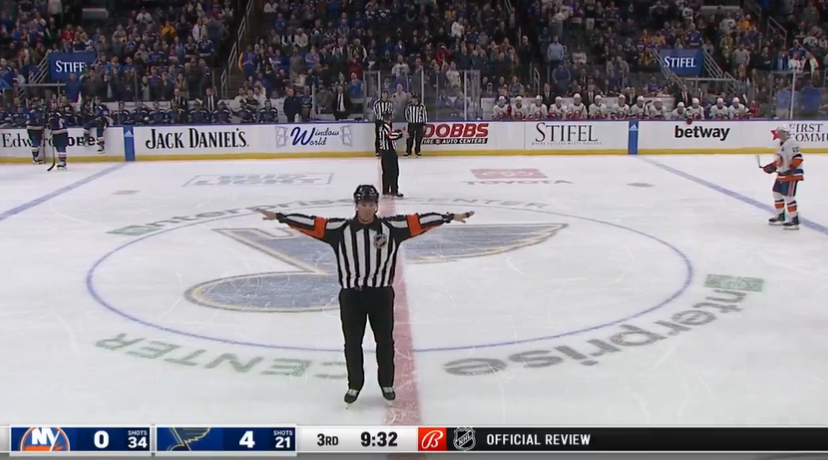 NHL referee Garrett rank gave the Blues and their fans a funny warning ahead of announcing the results of a replay review. Photo Credit: Bally Sports Midwest