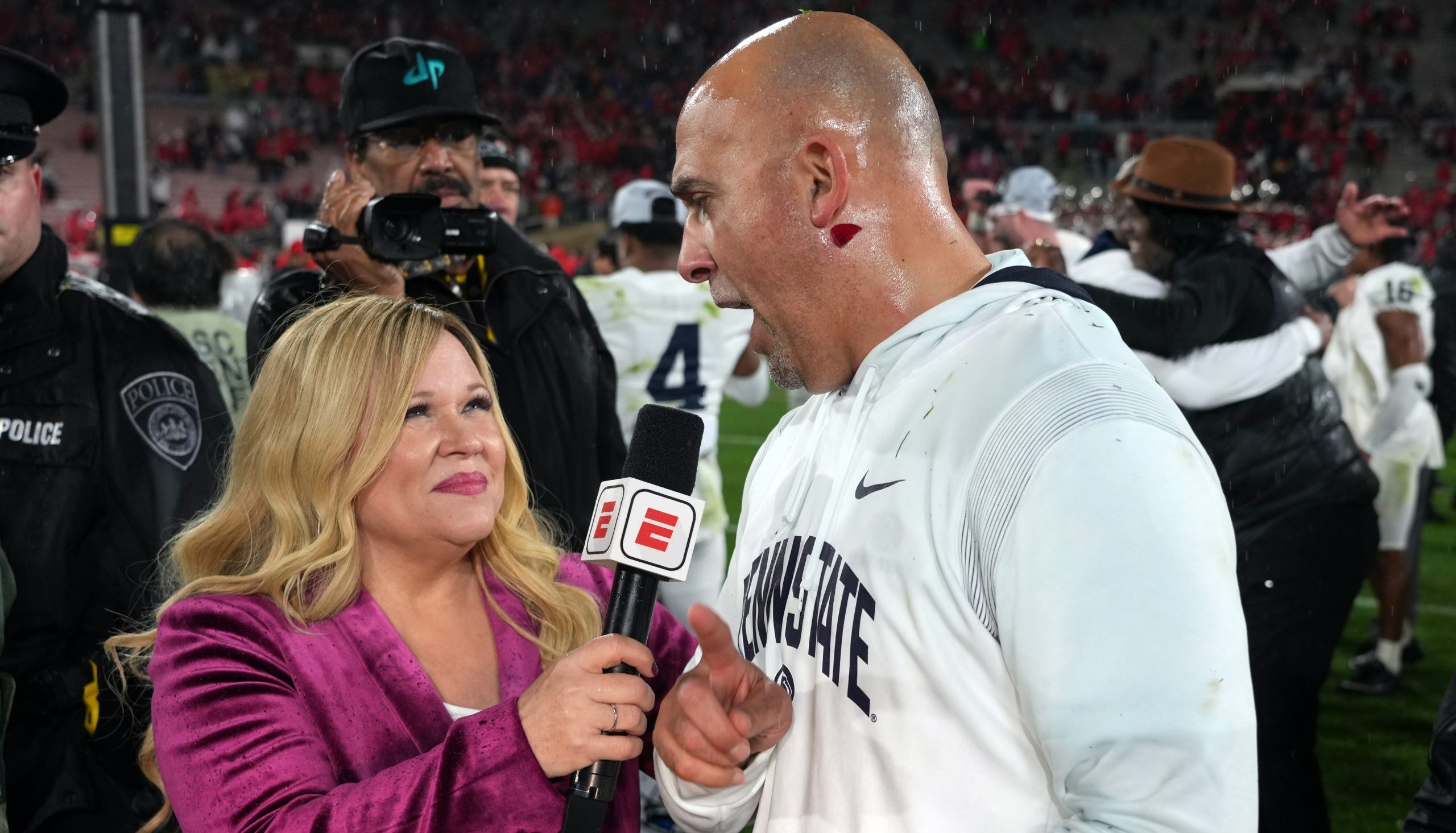 Jan 2, 2023; Pasadena, California, USA; ESPN broadcaster Holly Rowe interviews Penn State Nittany Lions head coach James Franklin after the Penn State Nittany Lions defeated the Utah Utes in the 109th Rose Bowl game at the Rose Bowl. Mandatory Credit: Kirby Lee-USA TODAY Sports