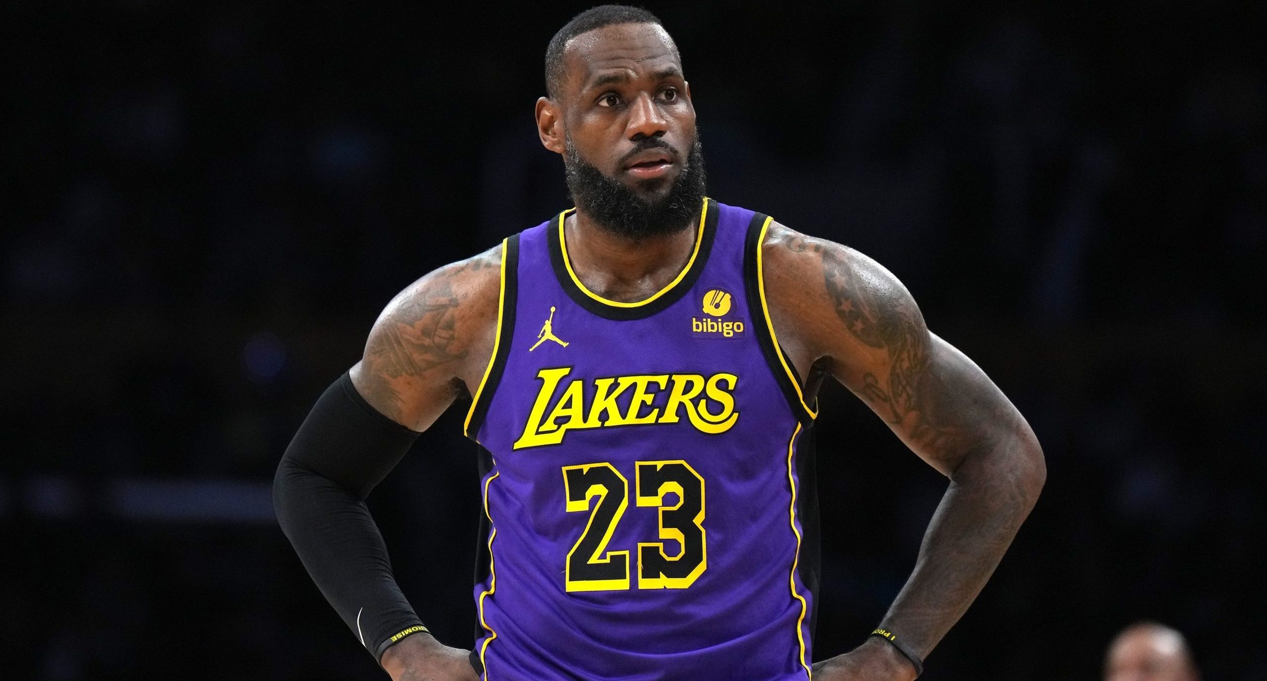 Jan 19, 2024; Los Angeles, California, USA; Los Angeles Lakers forward LeBron James (23) reacts against the Brooklyn Nets in the first half at Crypto.com Arena. Mandatory Credit: Kirby Lee-USA TODAY Sports