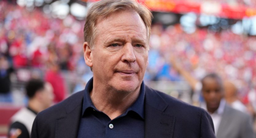 Jan 28, 2024; Santa Clara, California, USA; NFL commissioner Roger Goodell looks on before the NFC Championship football game between the San Francisco 49ers and the Detroit Lions at Levi's Stadium. Mandatory Credit: Kyle Terada-USA TODAY Sports