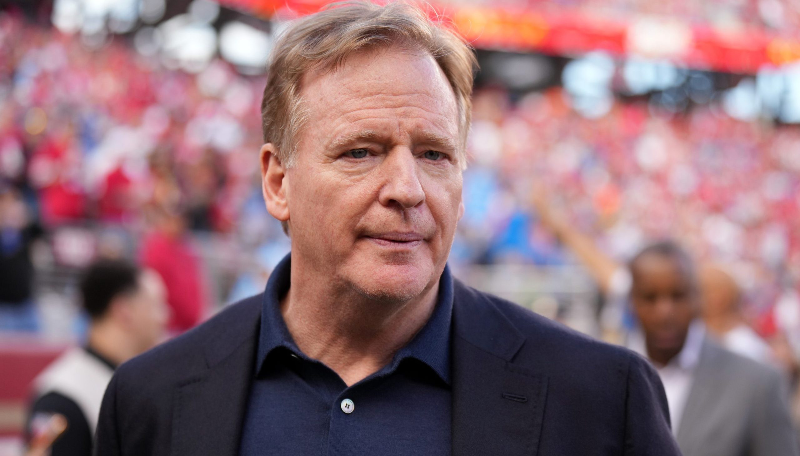 Jan 28, 2024; Santa Clara, California, USA; NFL commissioner Roger Goodell looks on before the NFC Championship football game between the San Francisco 49ers and the Detroit Lions at Levi's Stadium. Mandatory Credit: Kyle Terada-USA TODAY Sports