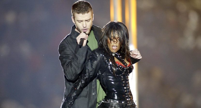 Feb 1, 2004; Houston, TX, USA; FILE PHOTO; Justin Timberlake (left) and Janet Jackson (right) perform during the halftime show of Super Bowl XXXVIII at Reliant Stadium. The New England Patriots defeated the Carolina Panthers 32-29. Mandatory Credit: MPS-USA TODAY Sports