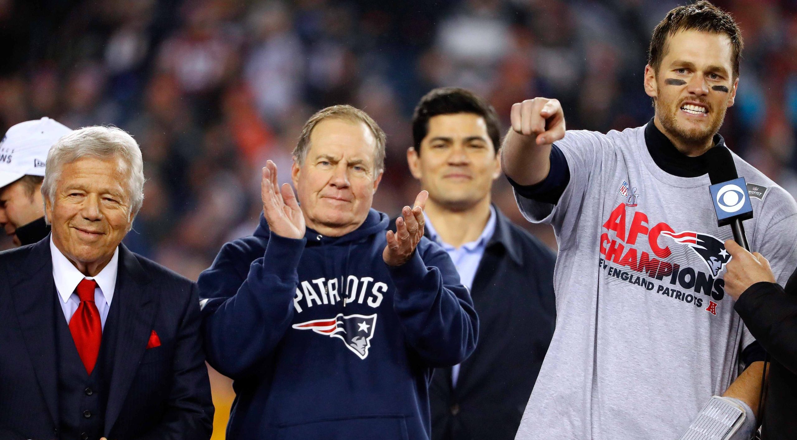Bill Belichick alongside Patriots owner Robert Kraft celebrating after the 2017 AFC Championship Game