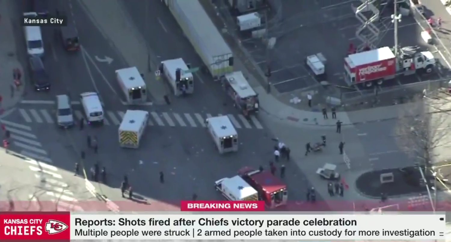 The initial video images of ESPN's coverage of the Chiefs' victory parade shooting.