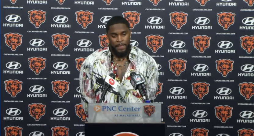 Chicago Bears cornerback Jaylon Johnson at a press conference announcing his contract extension on Monday, March 11.