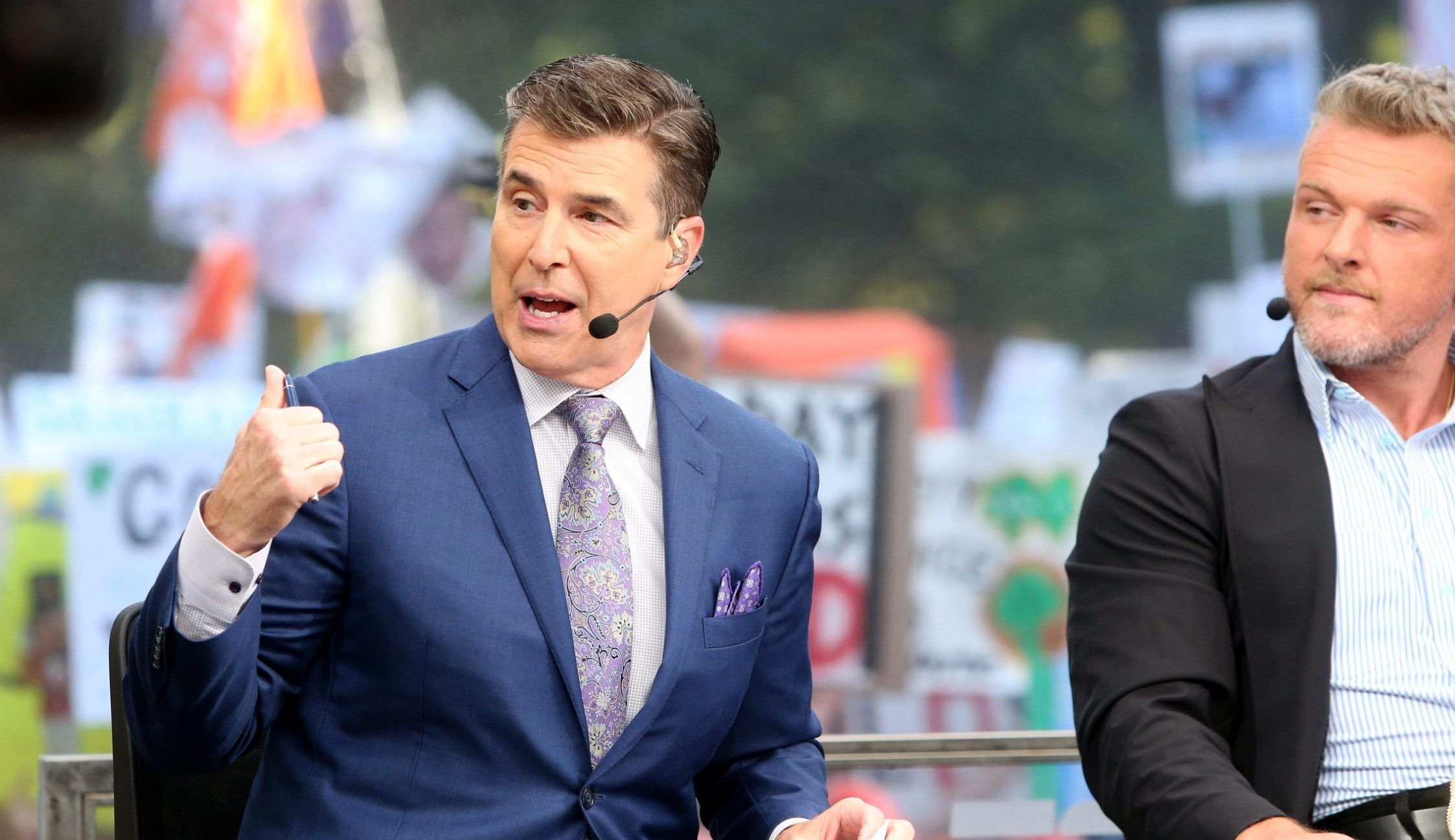 Host Rece Davis speaks with Desmond Howard at left and Pat McAfee at right during the ESPN College GameDay show on Saturday, Sept. 23, 2023, on the Hesburgh Library lawn on the University of Notre Dame campus in South Bend. The show was to highlight the Notre Dame-Ohio State game.