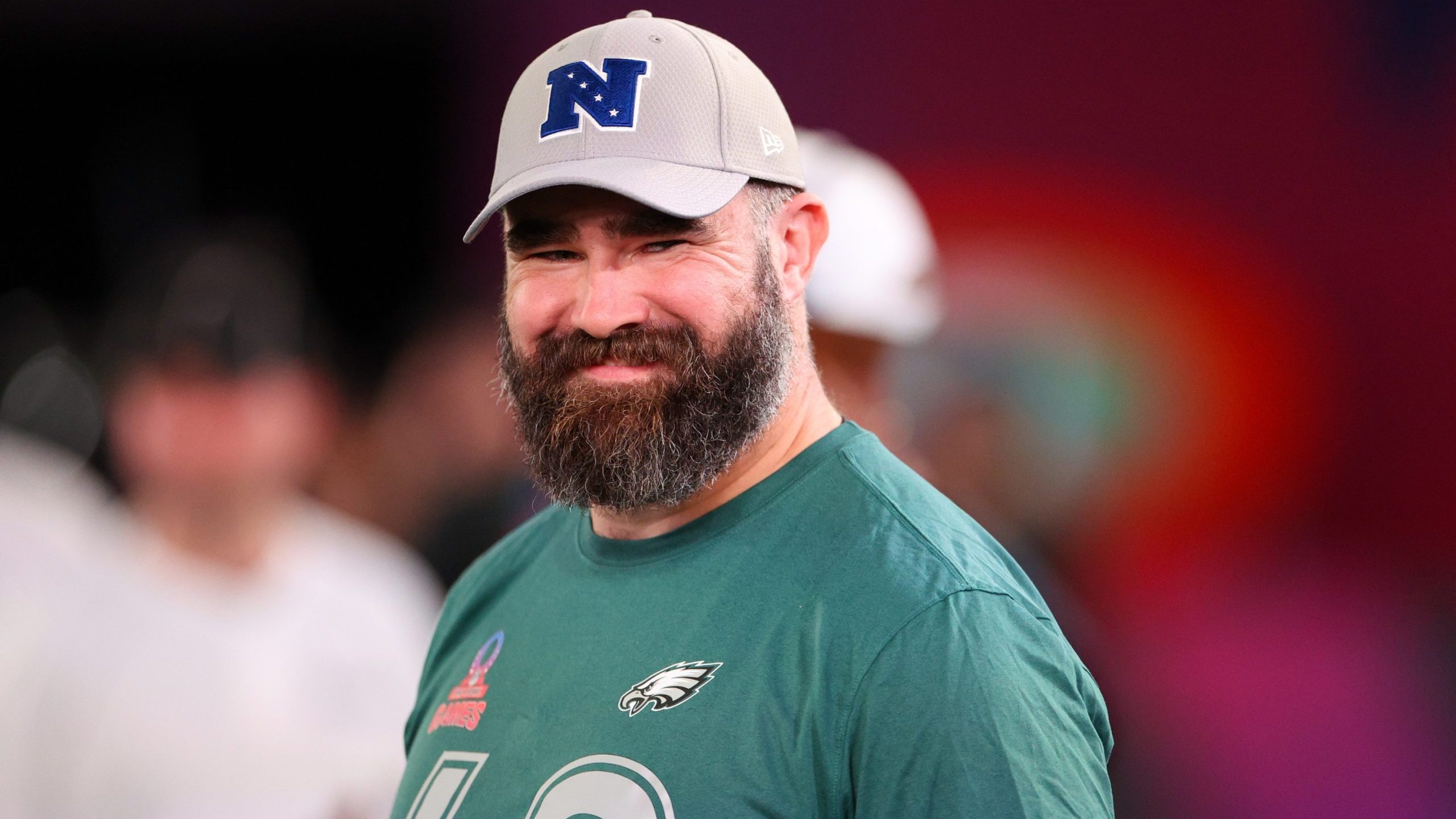 Feb 1, 2024; Orlando, FL, USA; Philadelphia Eagles center Jason Kelce (62) participates in the NFL Pro Bowl Skills Competition at the UCF NIcholson Fieldhouse. Mandatory Credit: Nathan Ray Seebeck-USA TODAY Sports