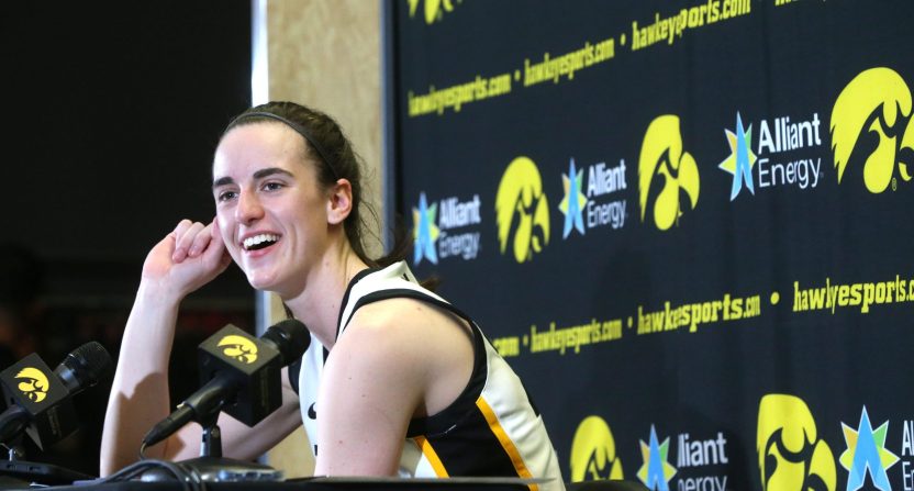 Iowa's Caitlin Clark (22) speaks to media after playing Ohio State Sunday, March 3, 2024 at Carver-Hawkeye Arena in Iowa City, Iowa.