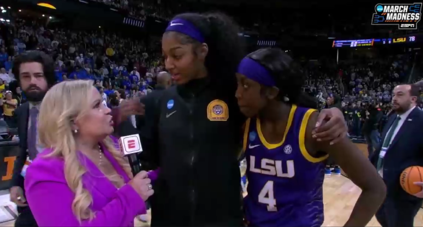 Holly Rowe (L) interviewing LSU's Angel Reese (C) and Flau'jae Johnson (R).