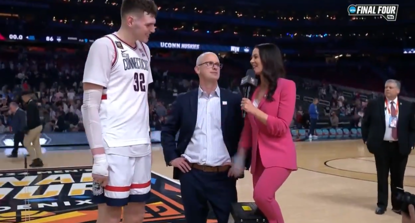 After her interview with Zach Edey featured some awkward camera shots due to the height difference, Tracy Wolfson got herself a ladder. Photo Credit: TBS