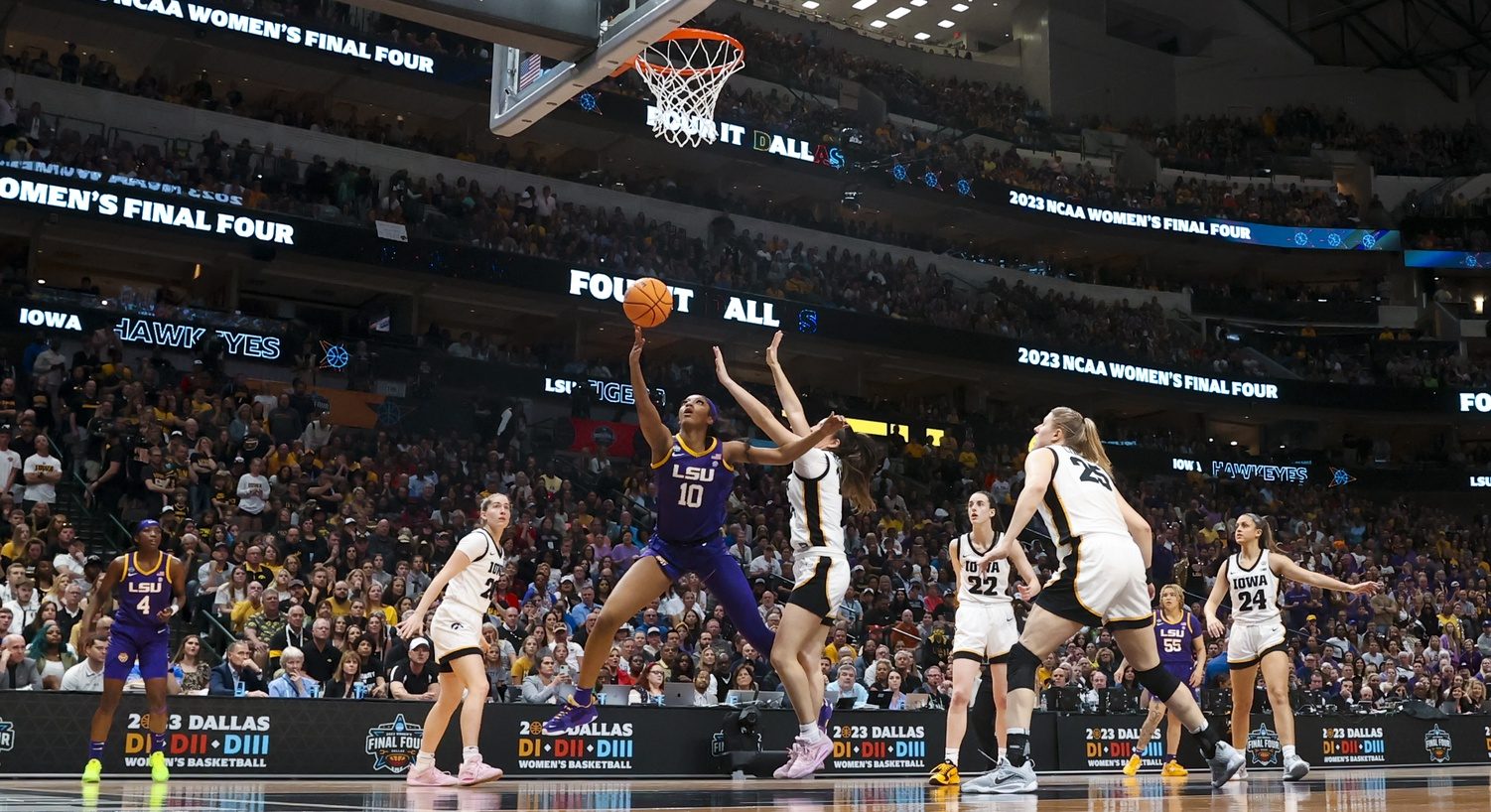 LSU Lady Tigers forward Angel Reese (10) shoots the ball against the Iowa Hawkeyes in the first half during the final round of the Women's Final Four NCAA tournament at the American Airlines Center.