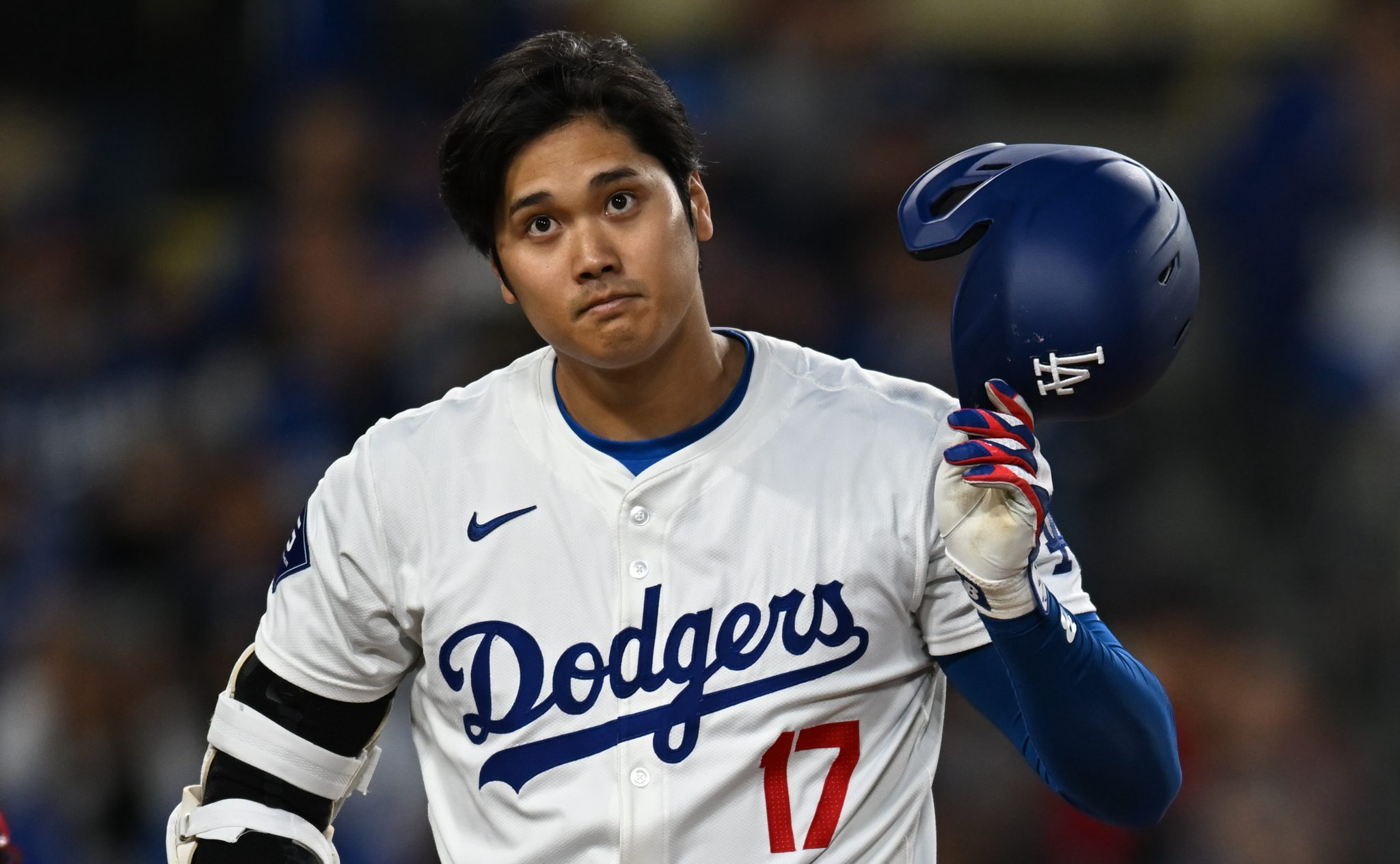 Mar 29, 2024; Los Angeles, California, USA; Los Angeles Dodgers designated hitter Shohei Ohtani (17) at home plate against the St. Louis Cardinals during the first inning at Dodger Stadium.