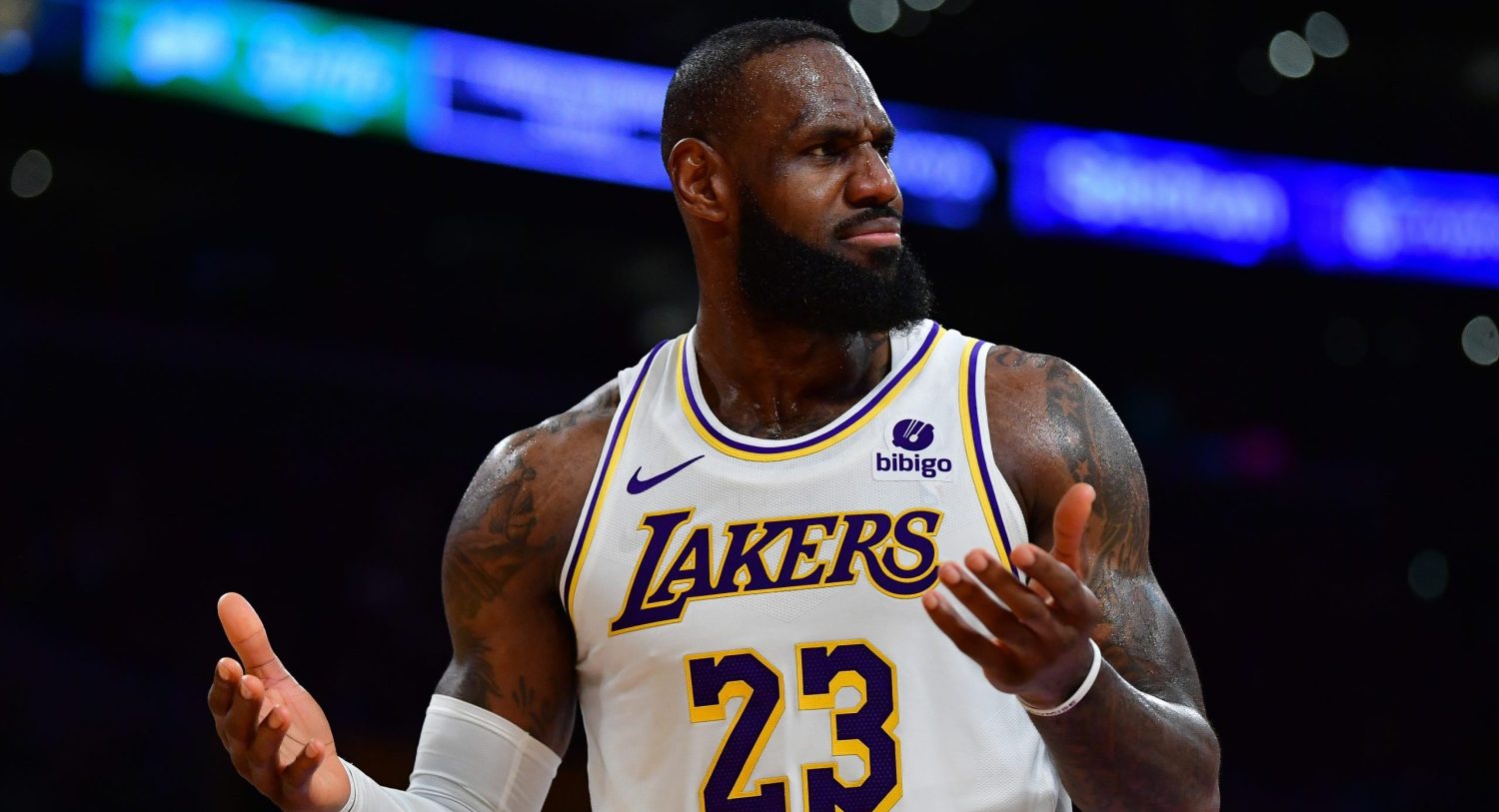 Apr 6, 2024; Los Angeles, California, USA; Los Angeles Lakers forward LeBron James (23) reacts during the second half at Crypto.com Arena.