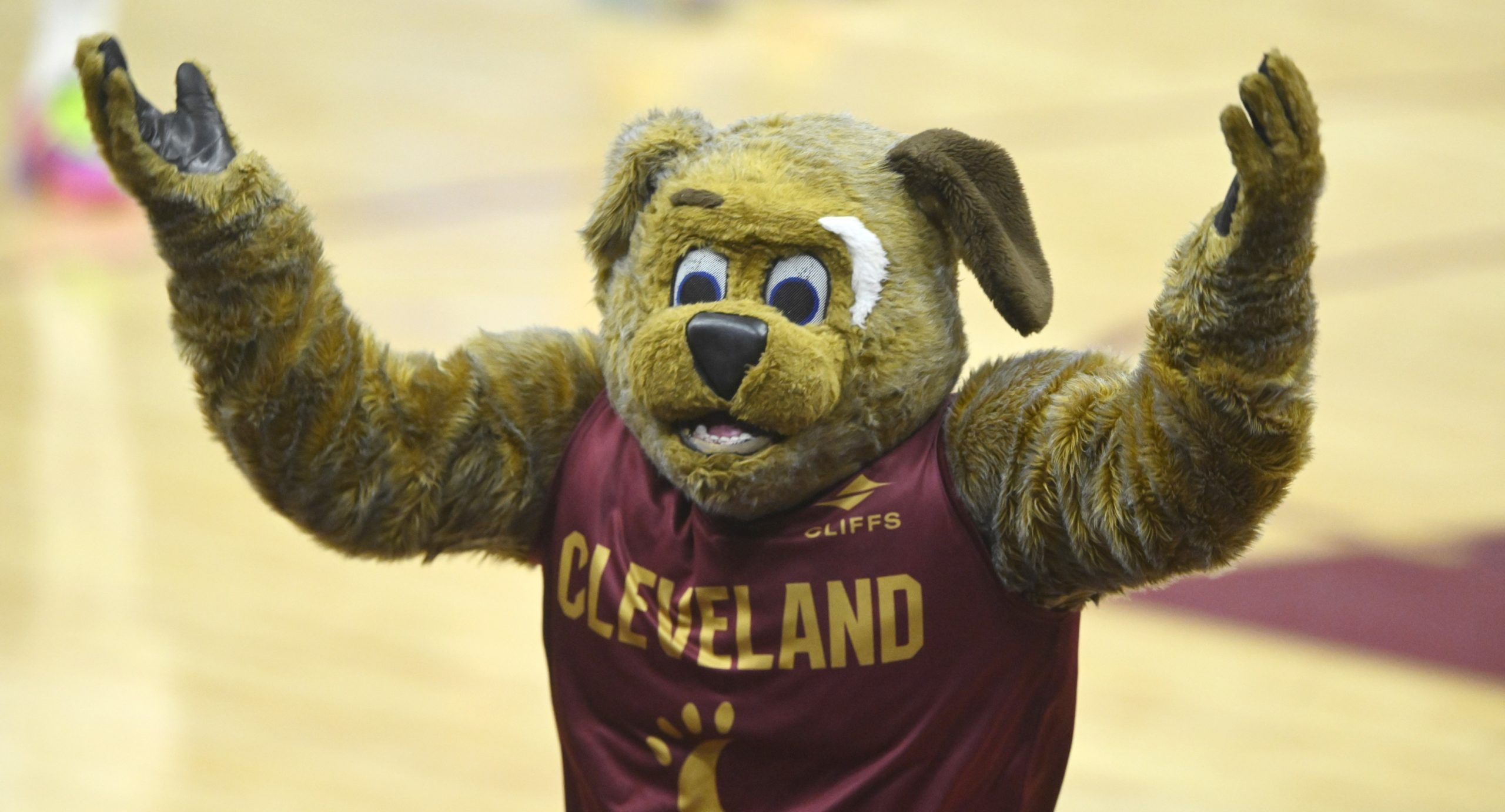 Cleveland Cavaliers mascot Moondog reacts in the first quarter against the Orlando Magic during game one of the first round for the 2024 NBA playoffs at Rocket Mortgage FieldHouse.