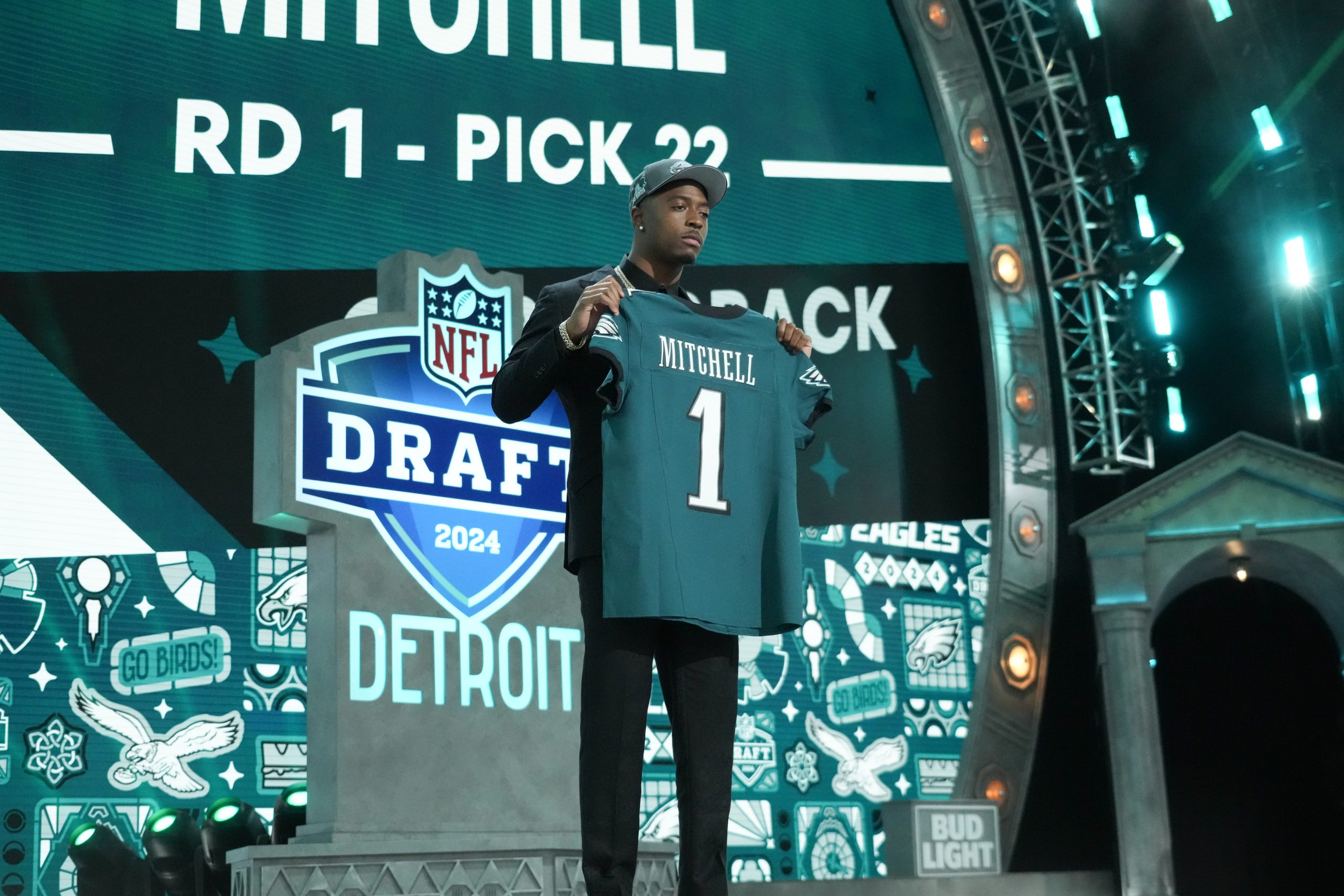 Apr 25, 2024; Detroit, MI, USA; Toledo Rockets cornerback Quinyon Mitchell poses after being selected by the Philadelphia Eagles as the No. 22 pick in the first round of the 2024 NFL Draft at Campus Martius Park and Hart Plaza.