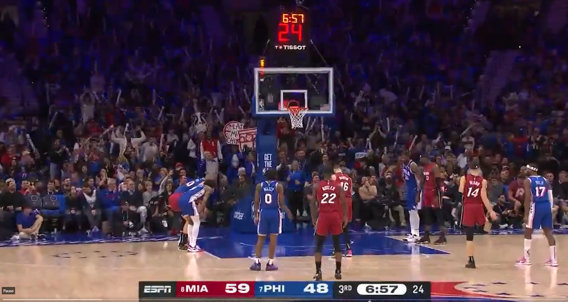 Philadelphia 76ers fans went nuts Wednesday night after a second missed free throw by Miami's Caleb Martin won them free Chick-fil-A.. Photo Credit: ESPN