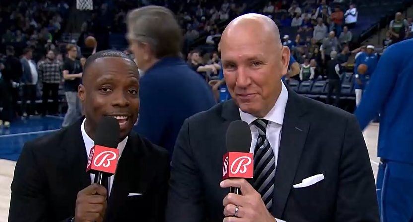 Michael Grady and Jim Petersen on a Timberwolves broadcast in 2024.