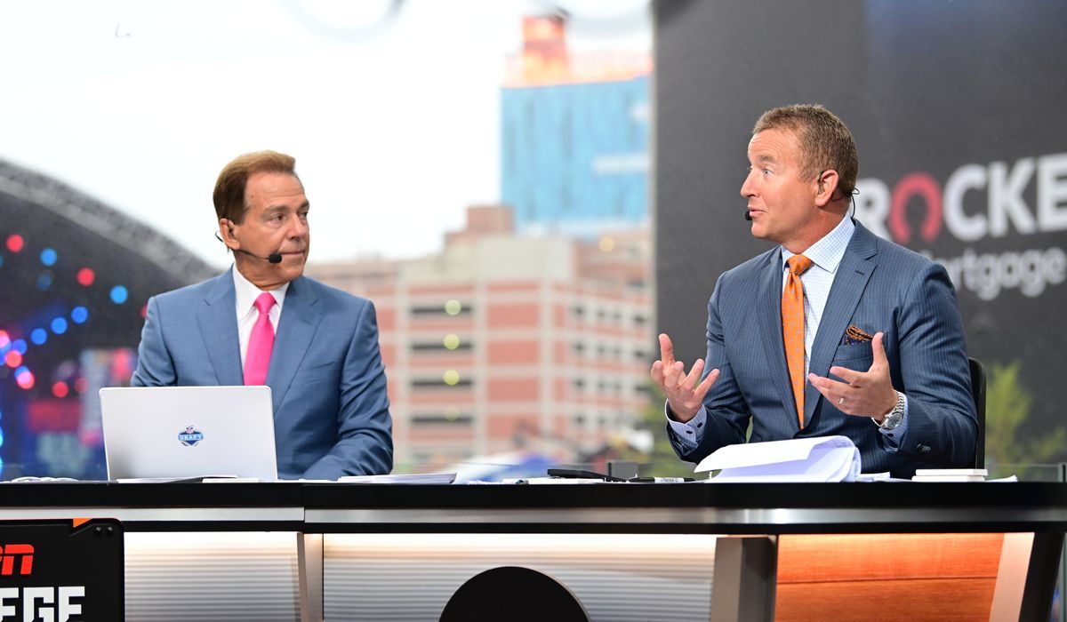 Nick Saban and Kirk Herbstreit on the ABC set during the 2024 NFL Draft.