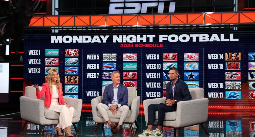 Laura Rutledge, Joe Buck, and Dan Orlovsky on the set of NFL Live.