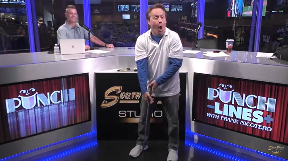 Golf clubs and television monitors don't mix well. Frank Nicotero, host of the Punch Lines with Frank Nicotero podcast, reminded us of that. Photo Credit: Screenshot, South Point Studio.