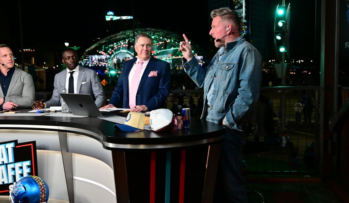 Darius Butler, Bill Belichick and Pat McAfee on the set of the Pat McAfee Show - Draft Spectacular during the 2024 NFL Draft.