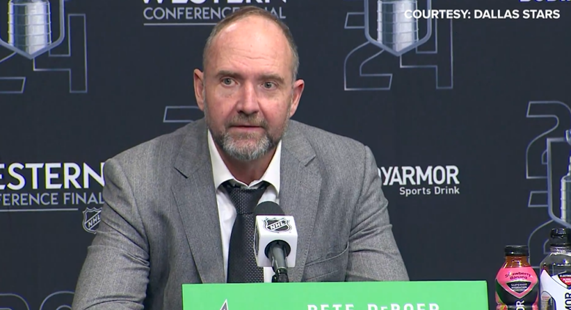 Stars coach Pete DeBoer took issue with a question from Tim Cowlishaw of "The Dallas Morning News" after the Stars Game 5 loss to the Oilers. Photo Credit: Dallas Stars (via WFAA on X)
