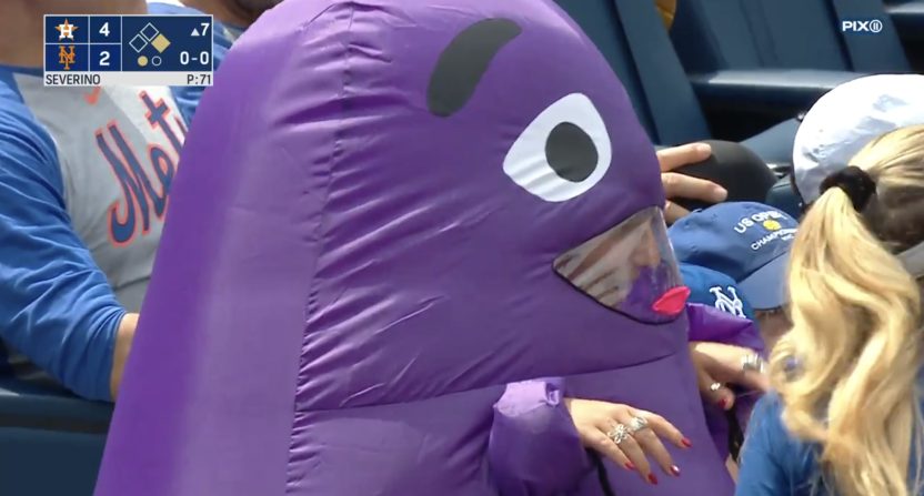 New York Mets broadcaster Keith Hernandez can't resist the intrusive thought of popping the inflatable Grimace mascot.
